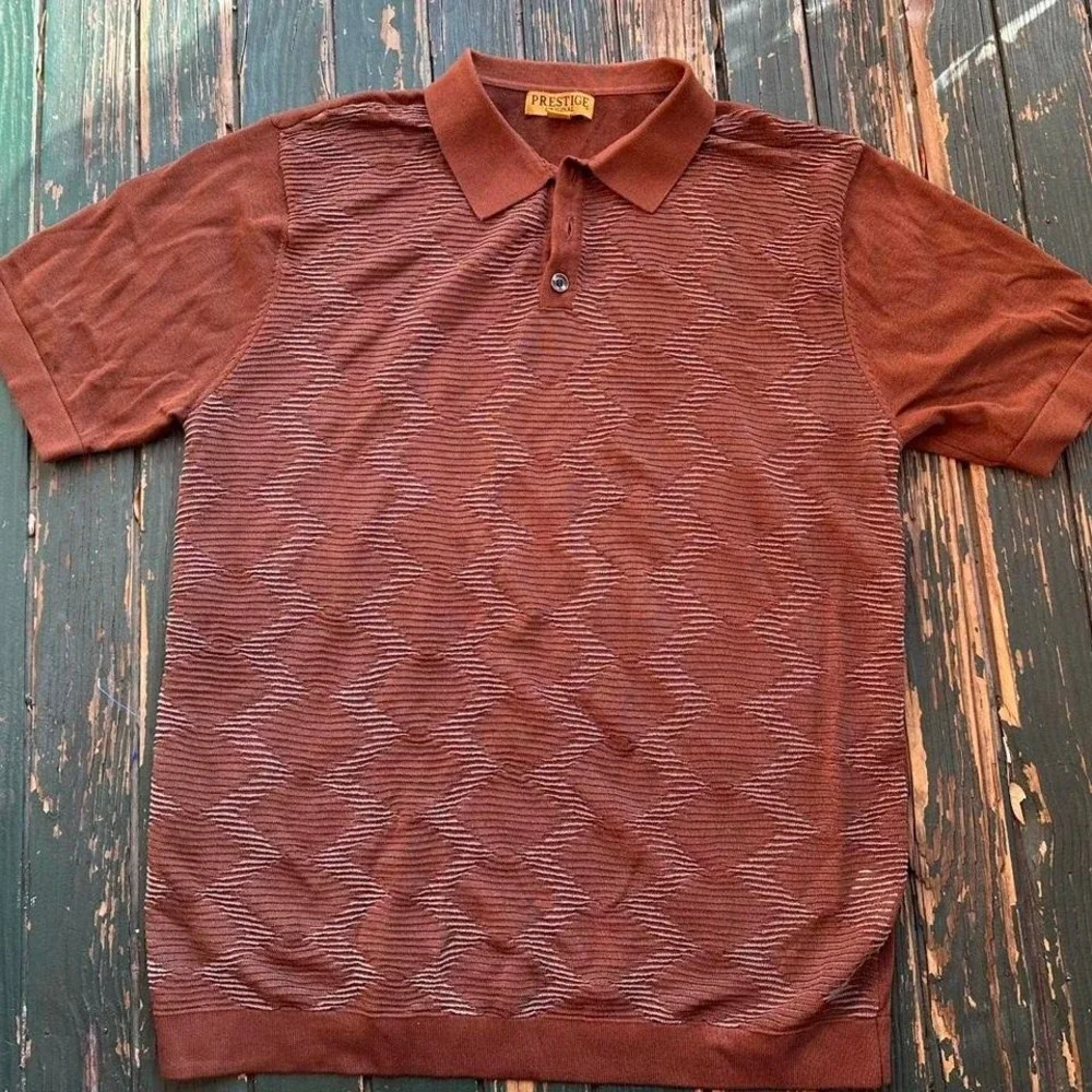 Prestige brown polo shirt with a unique‎ pattern vtg mens xl